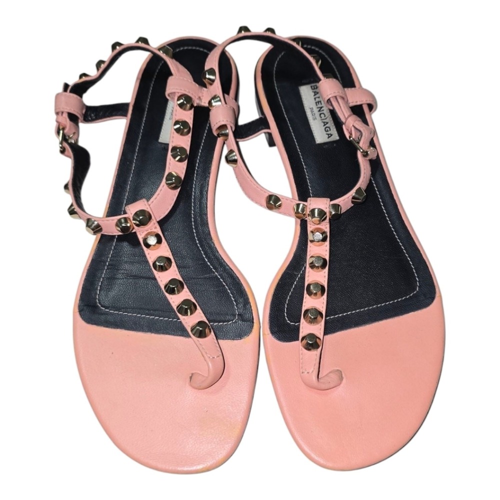 BALENCIAGA PINK leather thong SANDALS 37.5 7 flat slide ROCKSTUD ANKLe star STud - Picture 6 of 16
